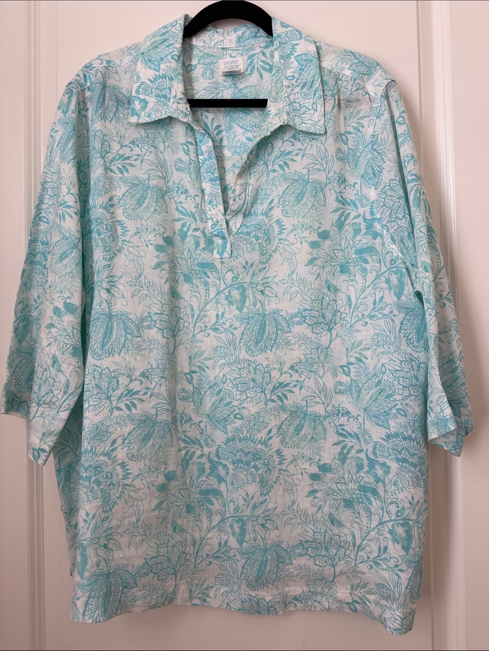 Sigrid Olsen Light Blue and White Floral Collared Women's Linen Top size 2X
